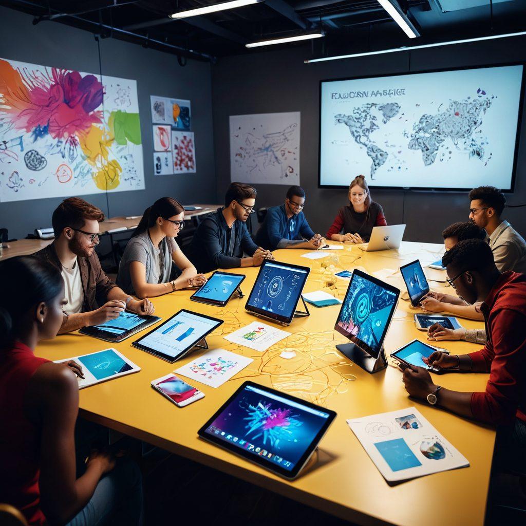 A vibrant, dynamic scene showcasing a diverse group of creative individuals brainstorming at a digital workspace, surrounded by colorful sketches and digital screens displaying innovative visual stories. Include elements of technology such as tablets and laptops, emphasizing the fusion of creativity and digital innovation. Add soft abstract shapes in the background to symbolize growth and expansion in the digital world. super-realistic. vibrant colors. 3D.