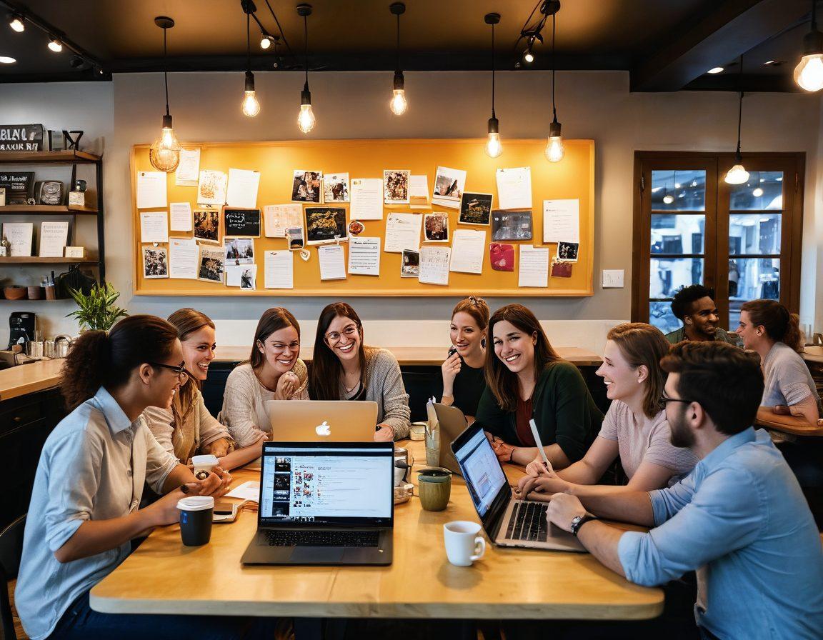 A vibrant, lively community of diverse individuals gathered in a cozy café, engaging in enthusiastic discussions while surrounded by colorful blog posts pinned to a bulletin board. A large laptop on the table shows an open blog, with thumbs up and heart emojis floating around, symbolizing audience engagement. Warm lighting enhances the inviting atmosphere. super-realistic. vibrant colors. cozy setting.