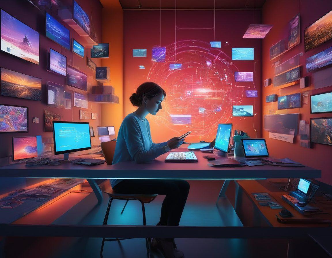 A futuristic writer at a sleek desk, surrounded by holographic displays showcasing trending tech topics and vibrant storyboards. Light beams of digital data flow seamlessly into a captivating narrative, blending modern gadgets with classic storytelling elements. The atmosphere is dynamic and inspiring, reflecting the synergy between technology and creativity. vibrant colors. super-realistic.